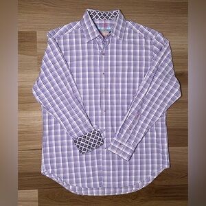 Robert Graham Purple Checkered Flip Cuff Premium Dress Shirt MEN'S Large